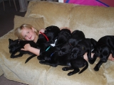 Katherine covered in sleepy pups